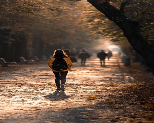 Person carrying a light backpack walking in a park